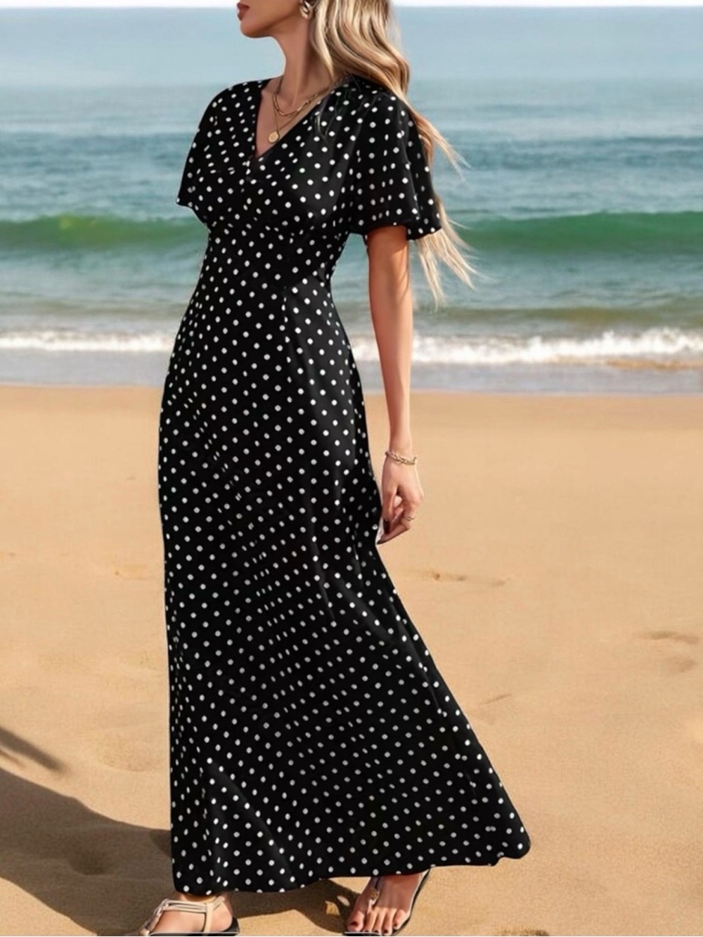 Elegant Black Polka Dot Maxi Dress - Classic V-Neck Summer Dress Size M Y2K